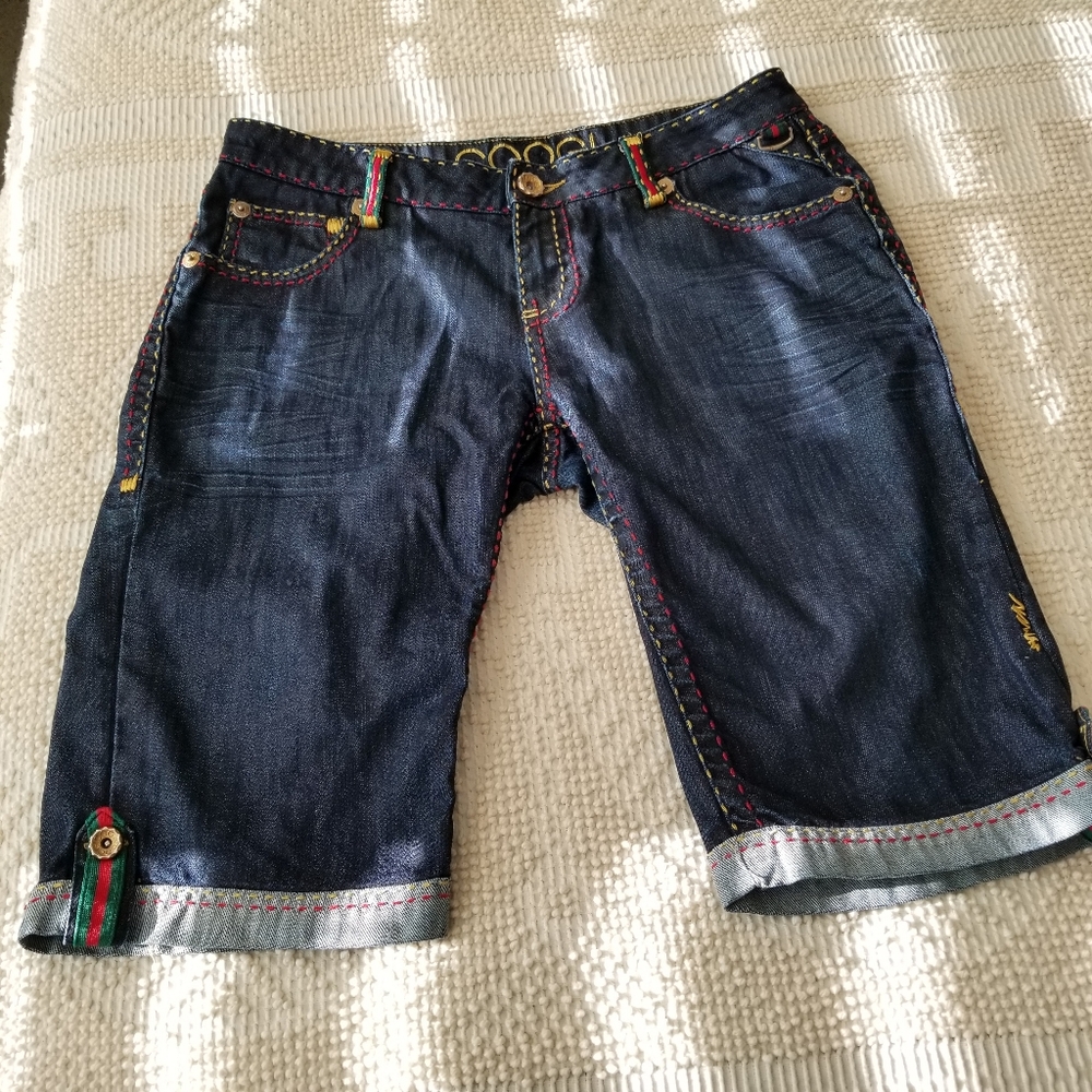COOGI Dark Blue Denim Women's Bermuda Shorts with Multicolor Trim